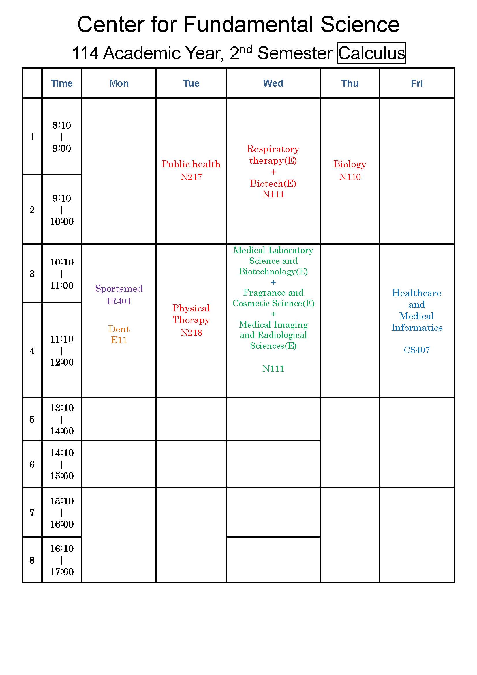 108年度第一學期微積分課表表格英文